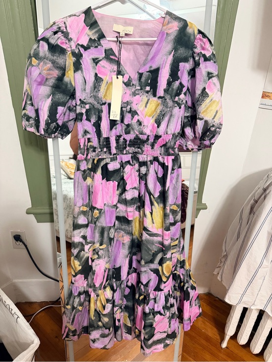 Pinch Dresses & Skirts - Pinch Brushstroke Puff-Sleeve Midi Dress - Pink, Black & Yellow